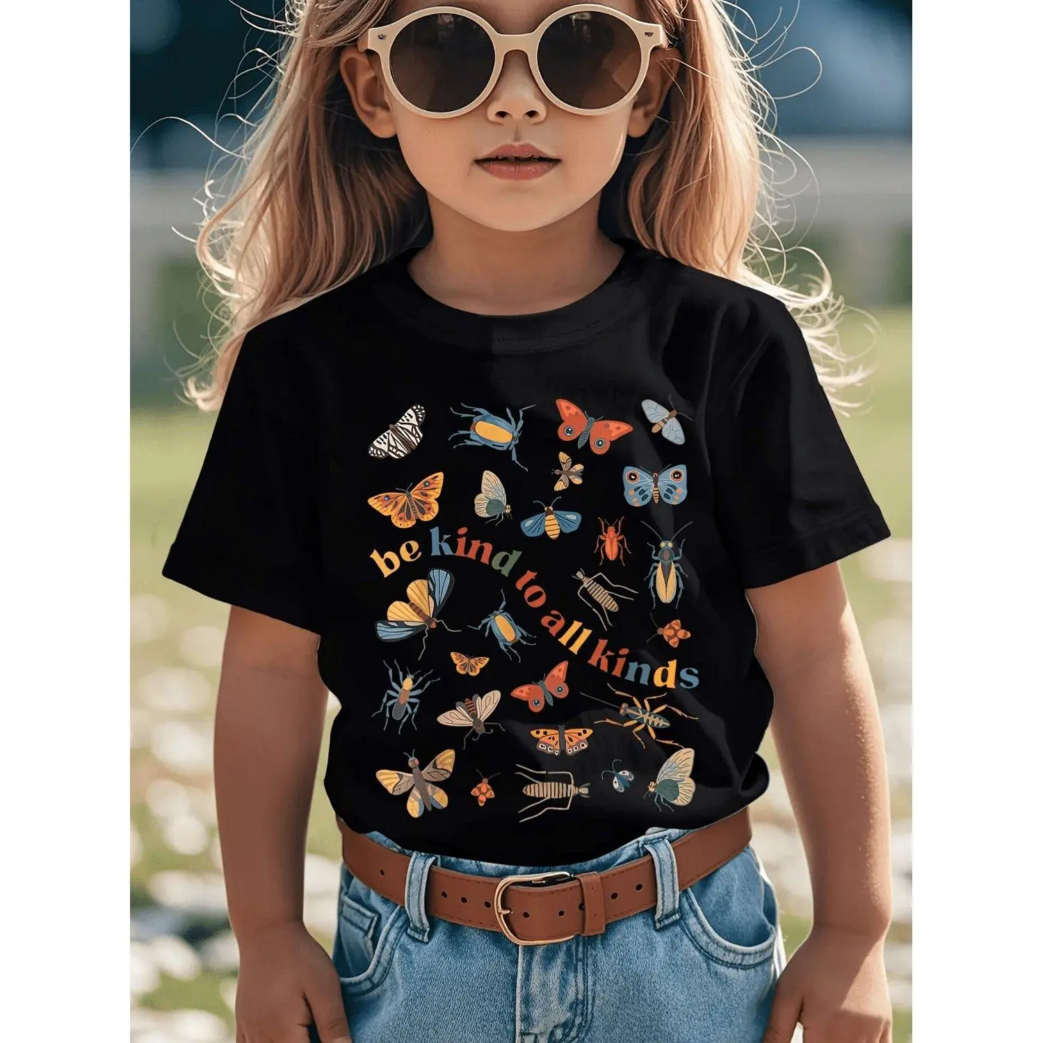 Kids' Cotton Short-Sleeve Crew Neck T-Shirt - Cute Look, Butterfly-Beetle & Alphabet Print, Medium Stretch Regular Fit Casual All-Season Halloween Top for Boys & Girls