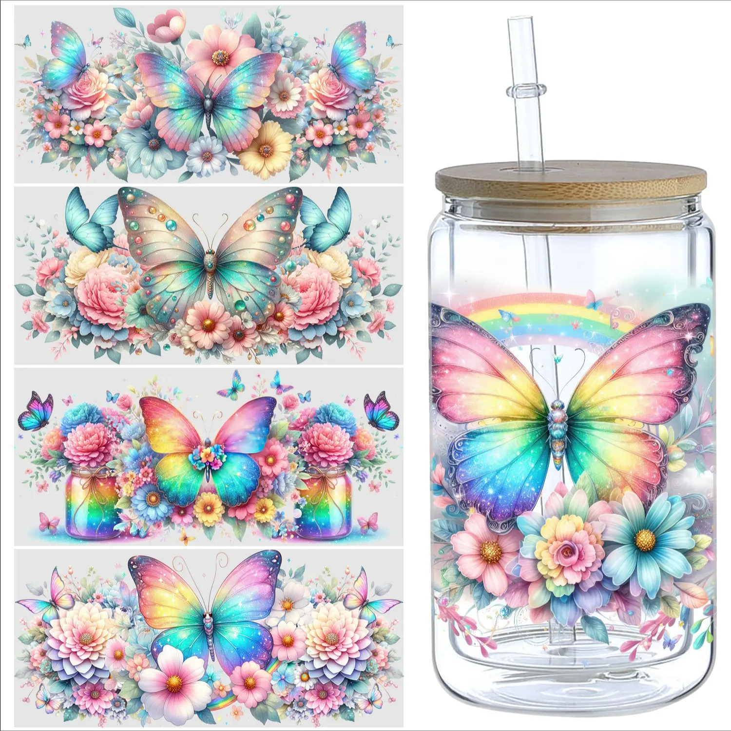 5 Butterfly UV DTF Stickers, Waterproof Transfer Stickers for 16oz Glass Cups, UV DTF Stickers, Glass DTF Transfer Stickers, Decorative Decal, Aesthetic Stickers, Decoration Sticker, Crafts