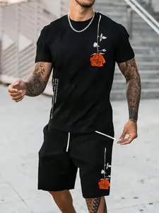 Men's Rose Print Drawstring Waist Shorts Set, Regular Fit Short Sleeve Round Neck T-shirt & Pocket Shorts, Summer Outfits 2024, Casual Summer Clothes for Men