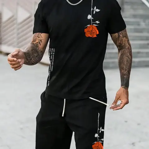 Men's Rose Print Drawstring Waist Shorts Set, Regular Fit Short Sleeve T-shirt & Pocket Shorts, Summer Outfits 2024, Casual Summer Clothes for Men, Menswear