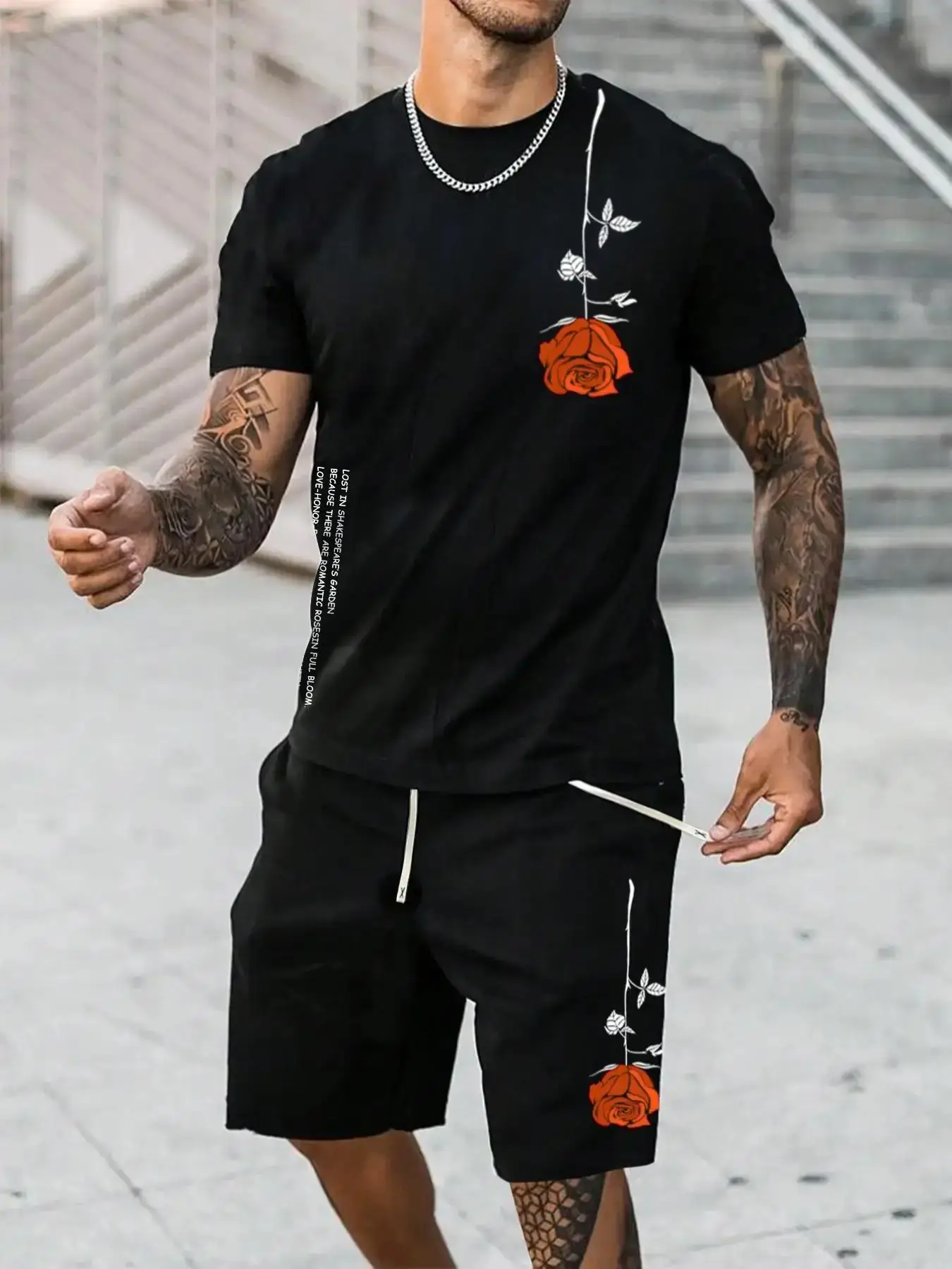 Men's Rose Print Drawstring Waist Shorts Set, Regular Fit Short Sleeve T-shirt & Pocket Shorts, Summer Outfits 2024, Casual Summer Clothes for Men