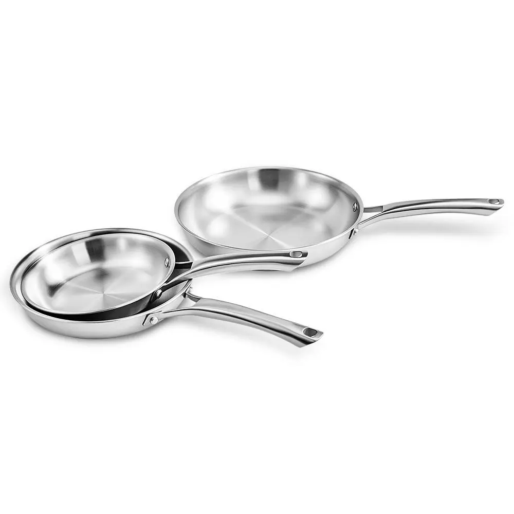 3-Piece Tri-Ply Clad Polished Stainless Steel Frying Pan Cookware Set - Thermal Base, Non-Slip Grip Handles, PFOA/PTFE-Free, Compatible for All Cooktops, Efficient Energy Use, Precise Cooking, Oven/Dishwasher Safe to Cook Like a Pro, Multi-Size, Polished