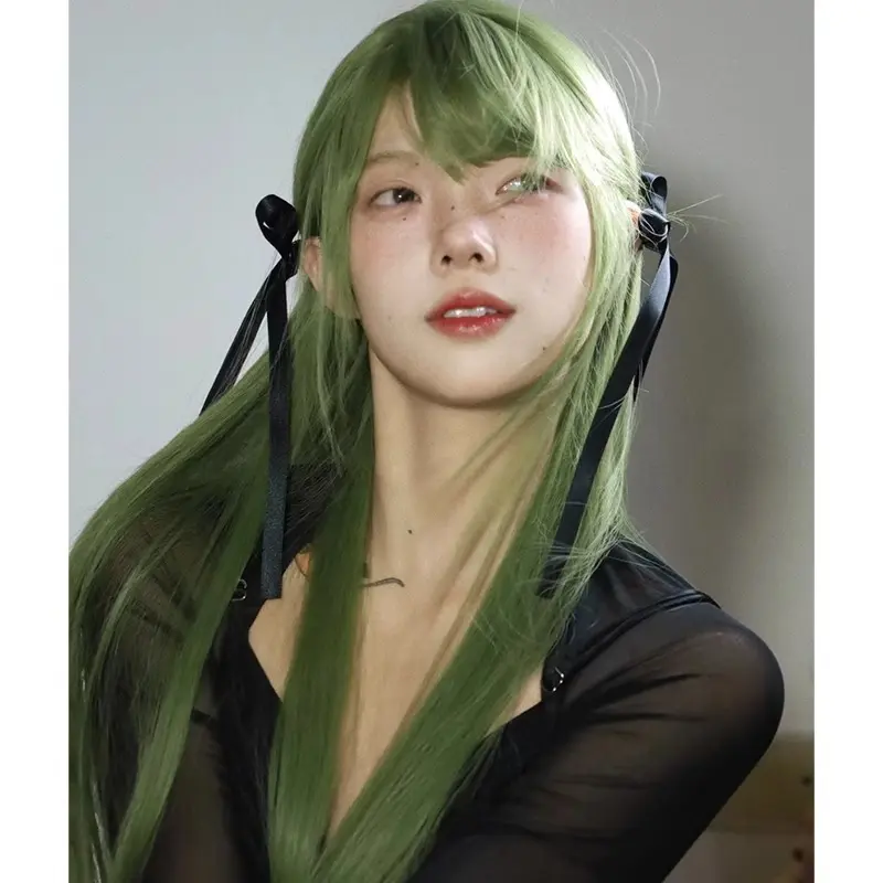 Green wig female long hair natural full head cover Internet celebrity girl group style Lolita long straight hair simulated human hair wig set