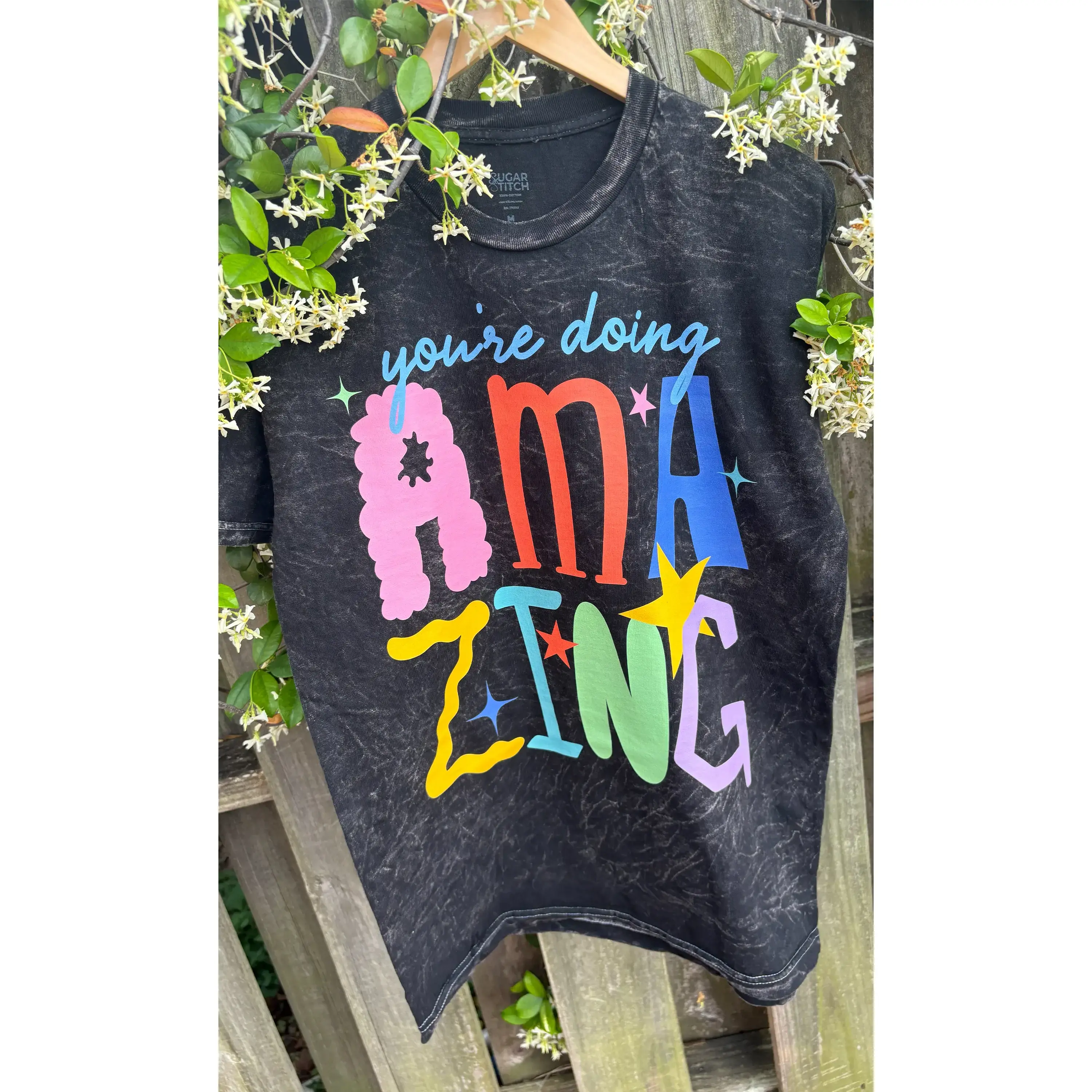 Tees2urdoor Women's Vintage Mineral Washed Graphic Apparel - Soft Breathable Cotton Denim Fabric Everyday T-Shirt, "You're Doing Amazing" Print, Unisex Fit for Coffee Runs