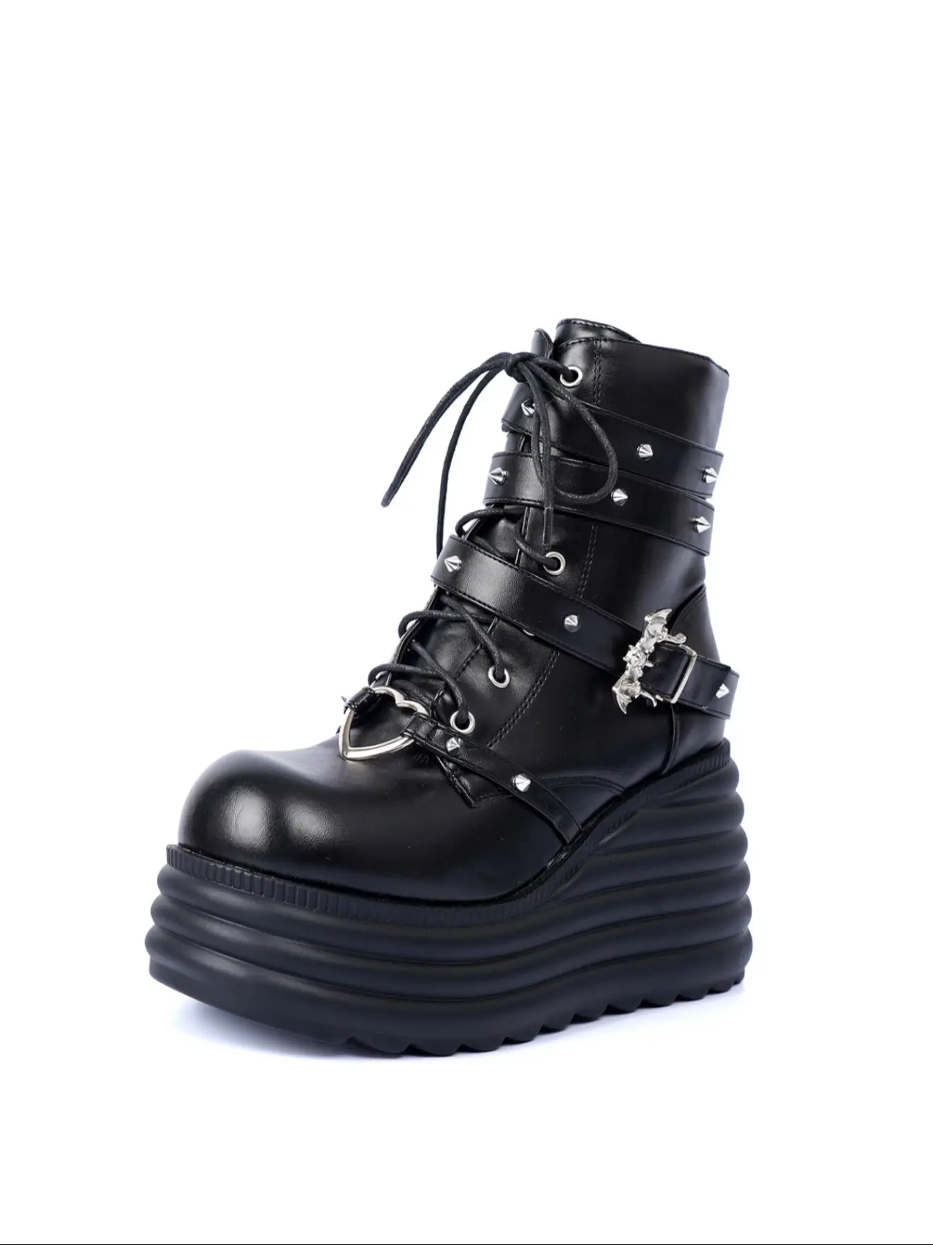 Gothic Platform Combat Boots for Women, Punk Rivets & Heart Buckle Wedge Heel Ankle Booties