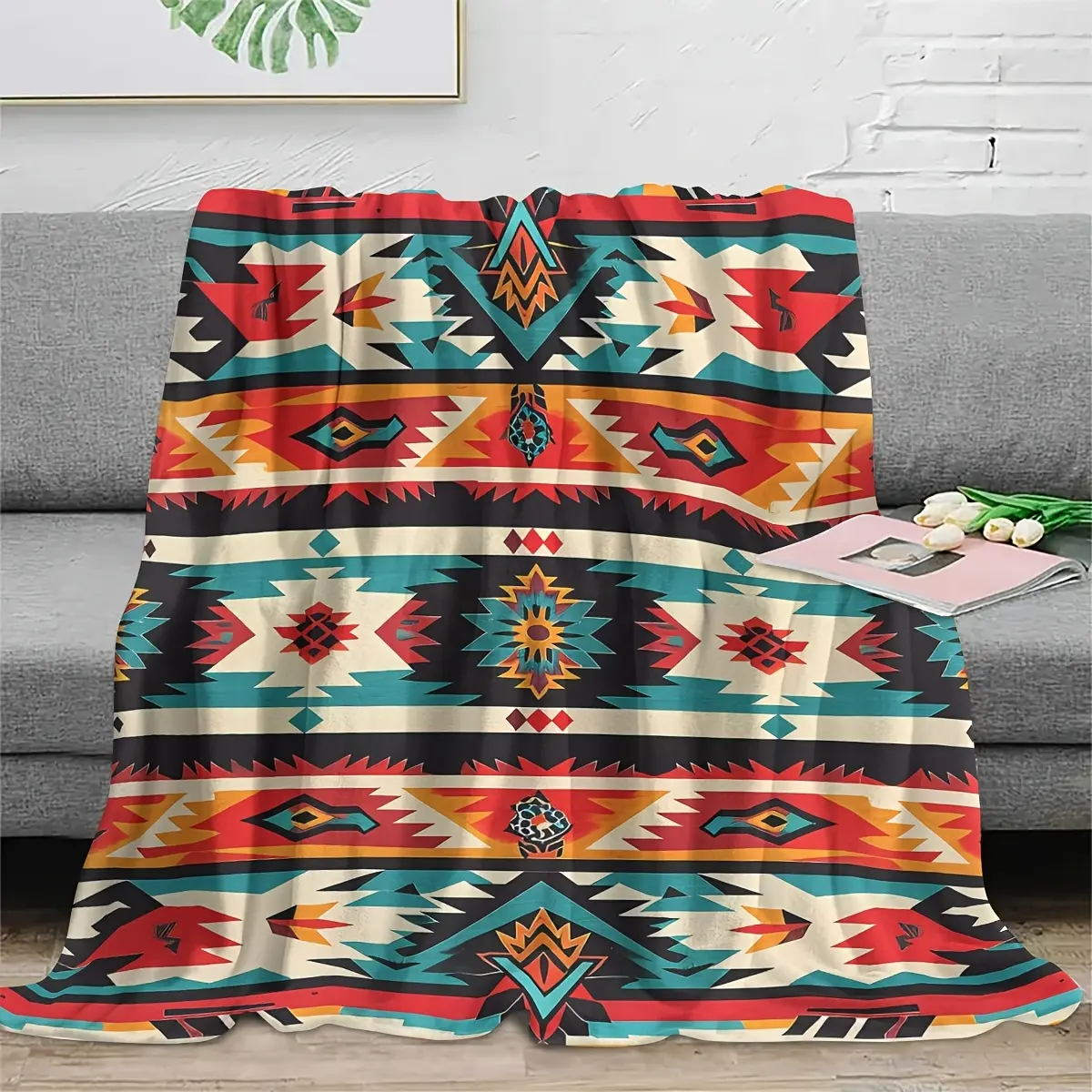 Geometric Native American-Inspired Aztec Print Throw Blanket - Ultra-Soft Polyester Fibers, Southwest Style, All-Seasons Cover, Machine Washable Home Decor for Couch, Bed