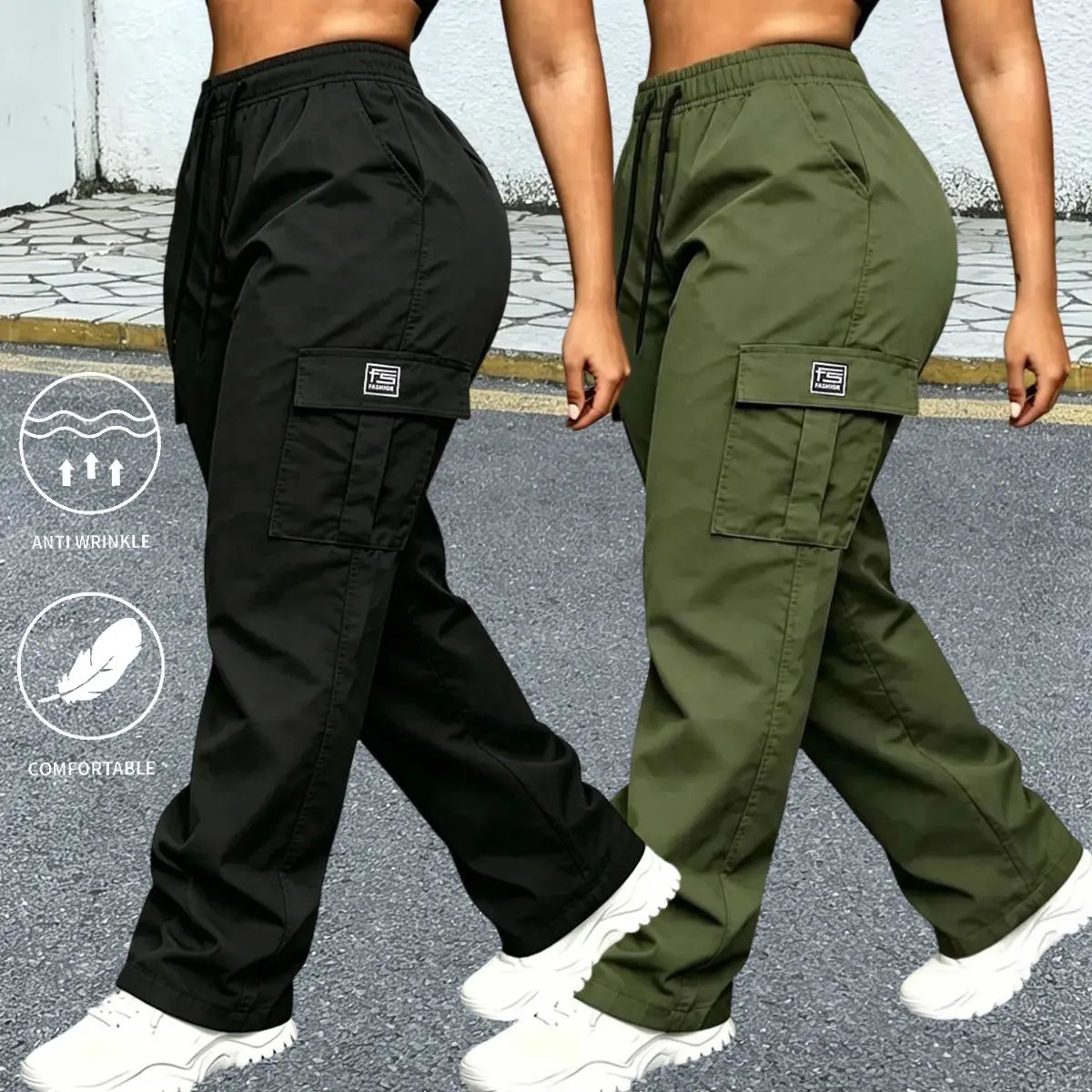 2-pack women’s long pants, breathable cargo pants with multiple pockets, suitable for outdoor leisure hiking, work, and exercise, featuring an elastic waistband with drawstring.