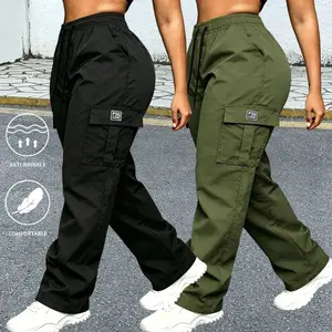 2-pack women’s long pants, breathable cargo pants with multiple pockets, suitable for outdoor leisure hiking, work, and exercise, featuring an elastic waistband with drawstring.