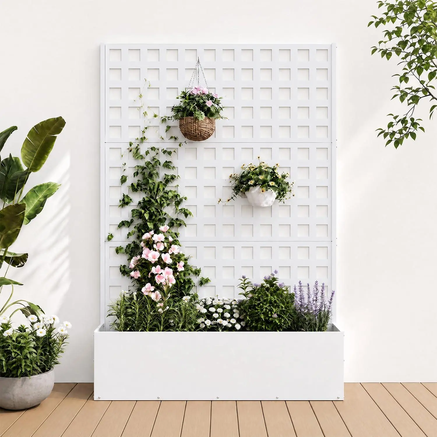 Metal Planter Box with Trellis 71"x47"x16", 15.7" Deep Planting Bed， Privacy Planter for Climbing Plants, Vegetable, Vines, Drainage Holes
