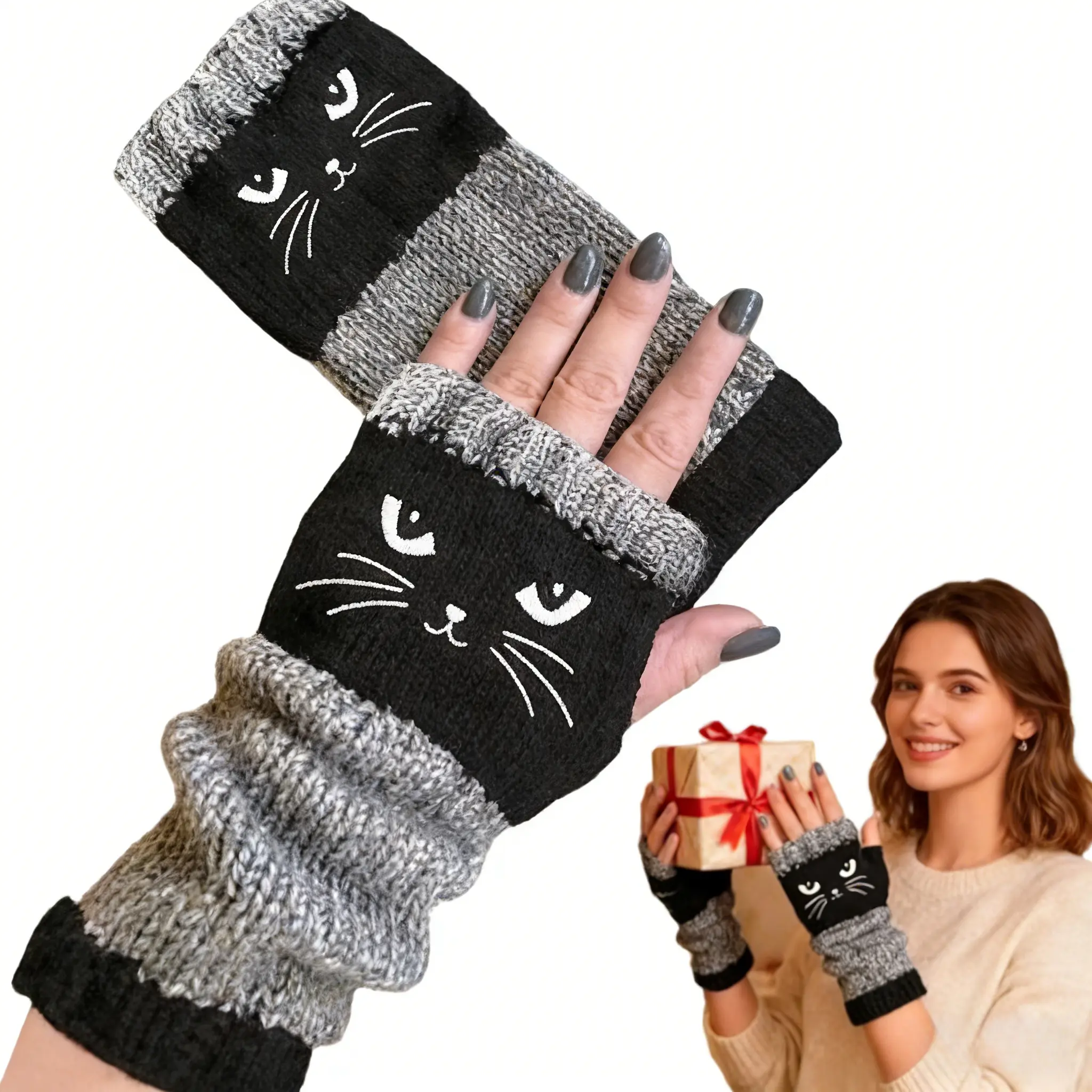 Women's 2026 Winter Thick Insulated Seamless Knit Fingerless Black Gloves - Cute Cat Face & Paw Print, Non-Elastic, Touch Screen Compatible, for Outdoor Sports & Driving, Hand Washable, Seamless Knit Gloves, Half-Finger Sports Gloves