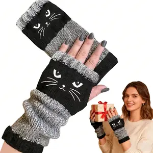 2026 Women's Winter Warm Fingerless Gloves with Cute Cat Face & Paw Print Design Thickened Insulated Non-Elastic Touchscreen Compatible for Outdoor Sports Driving Cycling Daily Casual Wear Stylish Cold-Weather Hand Washable