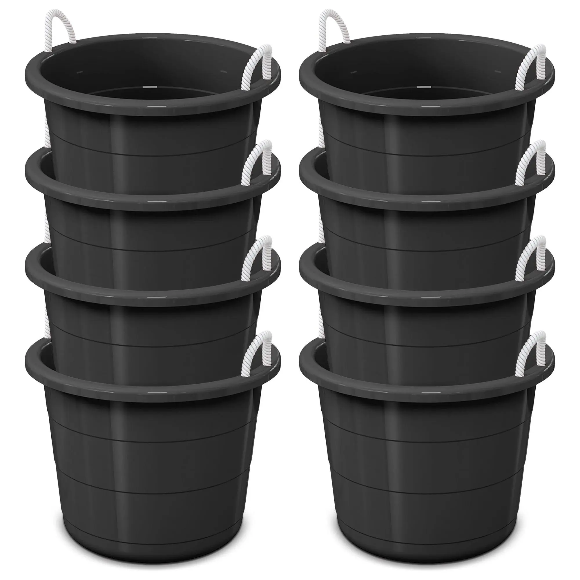 Life Story 17 Gal Flexible Plastic Storage Bucket w/ Rope Handles, Black, 8 Pack Life Story 17 Gal Flexible Plastic Storage Bucket w/ Rope Handles, Black, 8 Pack