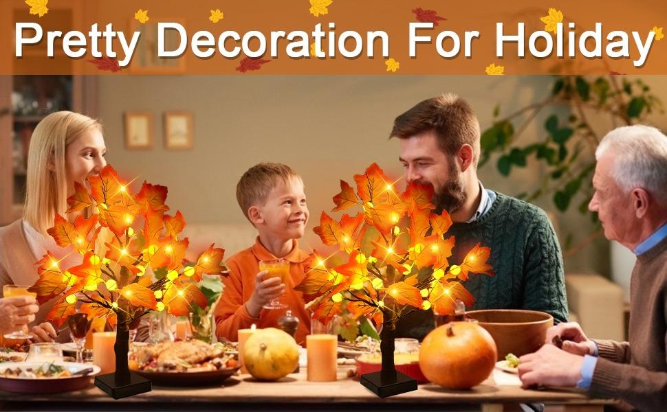 2-Pack 18-Inch Prelit Maple Trees Fall Decoration, 48 Pumpkin LEDs with Timer, Battery-Operated Bendable Twigs, Cozy Decor for Table Mantle Thanksgiving Indoor Outdoor