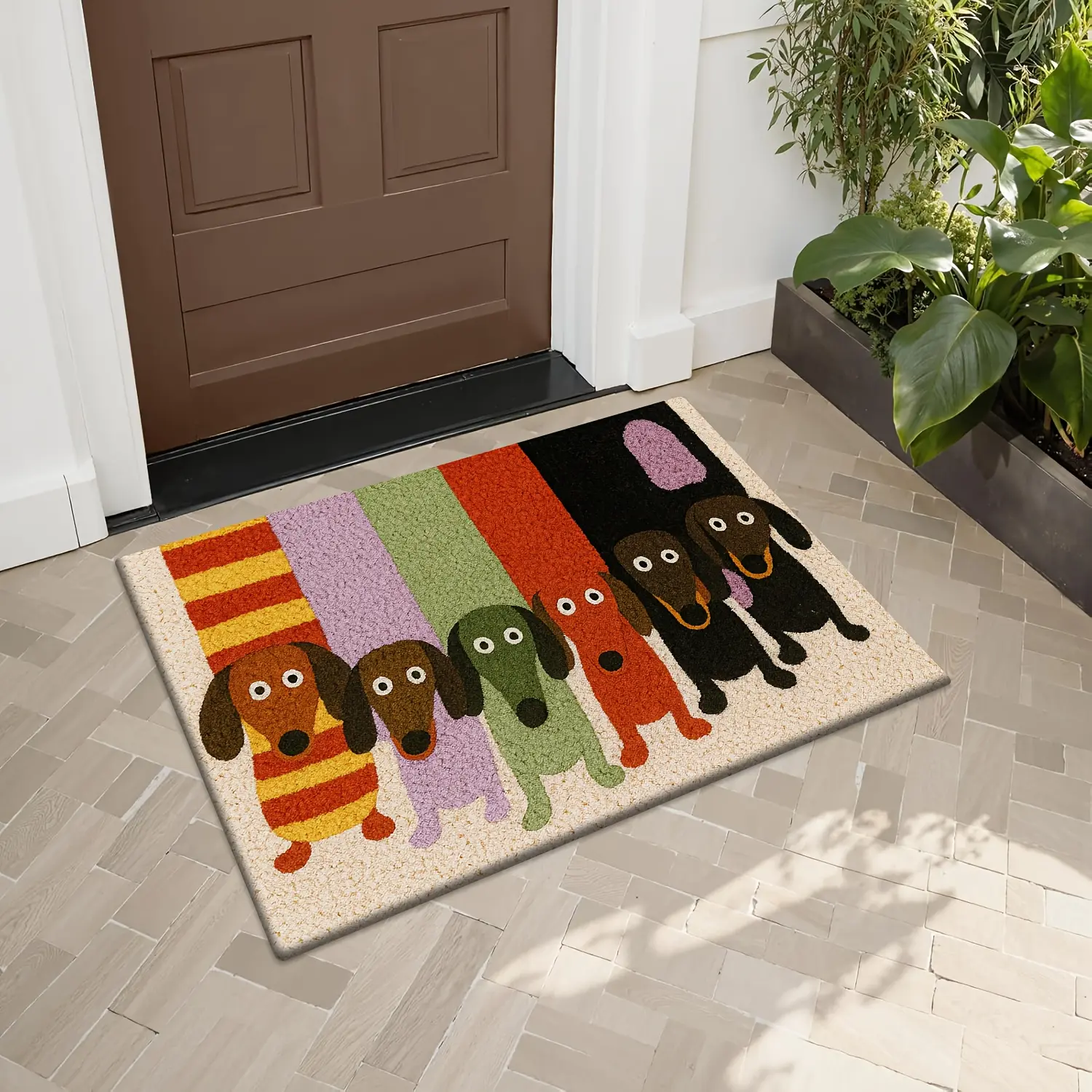 Cute Colorful Dachshund Dog Flannel Doormat 3 Sizes 16×24in/20×31in/24×36in, Non Slip Absorbent Indoor Entry Rug, Cartoon Puppy Front Door Floor Mat for Dog Lovers