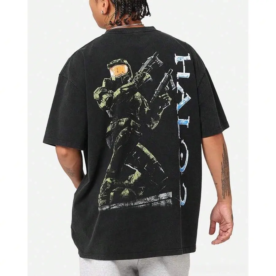 Halo 2 Vintage Washed Heavyweight Cotton T Shirt Premium Crew Neck Graphic Print Unisex Retro Urban Streetwear Classic Fit Soft Breathable Casual Daily Outdoor Fashion Top Trendy Game Apparel Ideal Gift for Gaming Enthusiasts