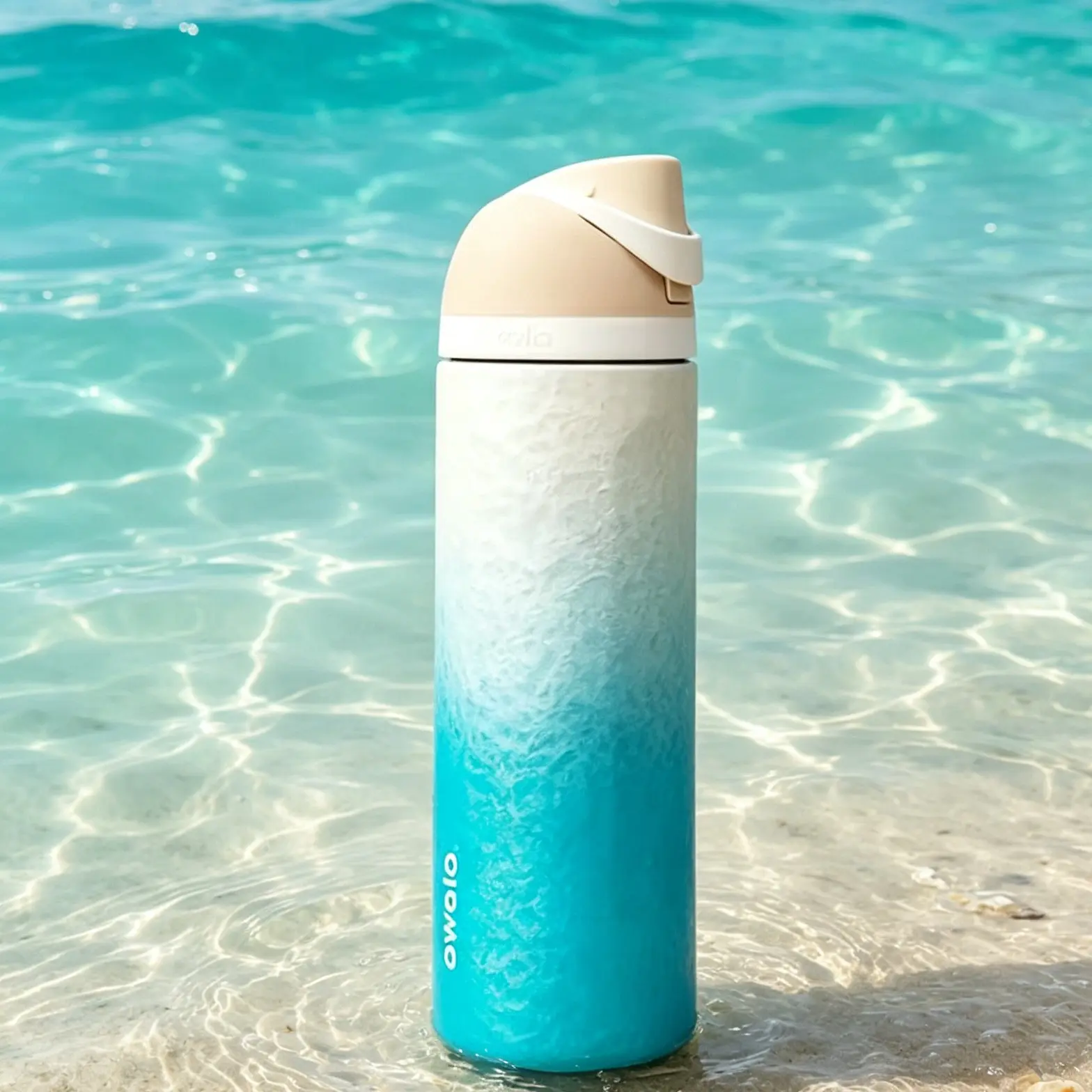 Owala 24 oz insulated stainless steel water bottle, ocean wave blue and white gradient texture leak-proof travel bottle with carrying ring, leak-proof water bottle, with 24-hour refrigeration function