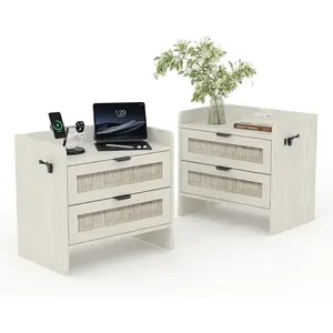 Set of 2 Boho Rattan Nightstands, Each Equipped with a Modern Type-c Charging Station and 2 Large Storage Drawers, Versatile Bedside Tables Perfect for The Bedroom, Office, Living Room