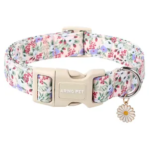 ARING PET Floral Dog Collar, Adjustable Cotton Cute Purple Flower Pet Collar with Quick-Release Buckle for Puppy Small Medium Large Boy Girl Dogs