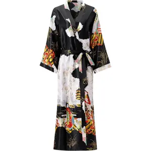 Satin Robes Plus Size Long Silk Robes Peacock Floral Kimonos Sleepwear Dressing Gown