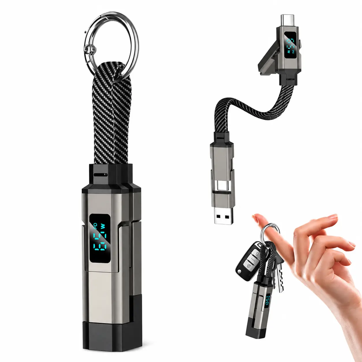 65W 4-in-1 Cable Charging Cable with Digital Display Keychain Cable, Fast Charging Portable Keychain Data Cable for iPhone Android USB-C Devices