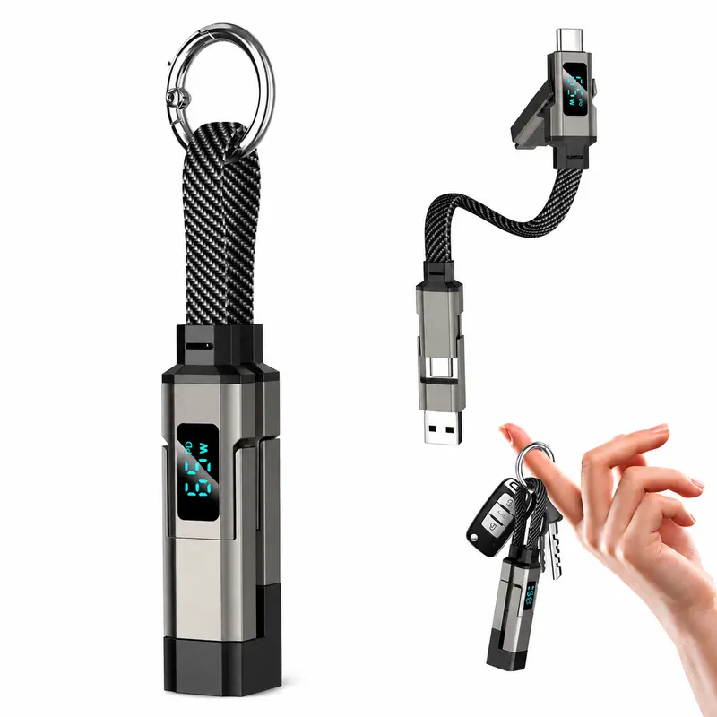 65W 4-in-1 Durable Integrated Charging Cables with LED Screen Keychain, Portable Mobile Digital Charger, Fast-Charging Connector for iPhone, Android, USB-C Devices, Smartphone, Tablet