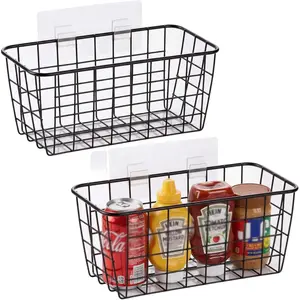 2 Set Adhesive Hanging Wall Basket, Inside Cabinet Door Organizer, No Drilling Space-Saving Small Hanging Storage Baskets for Wall Mount & Cupboard Door Storage, Black