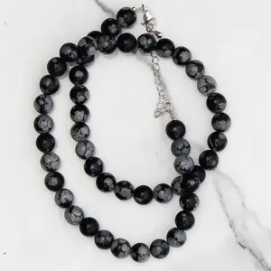 Genuine Snowflake Obsidian Beads Necklace / Handcrafted Adjustable Mala Necklace / 8 MM Round Smooth Beaded Necklace Jewelry For Her - AS&JG