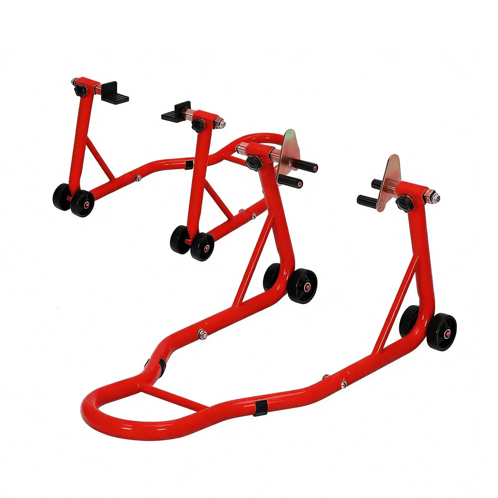 Carbon Steel Red Heavy-Duty Motorcycle Front & Rear Stand Combo, 900 LB Capacity Universal Wheel Lift Paddock Stand with 7.87"-16.93" Prong Adapters, 7.6"-11" Adjustable Swingarm Spool, Sturdy Frame Outdoor/Indoor Bike Tool & Equipment for Most Bikes
