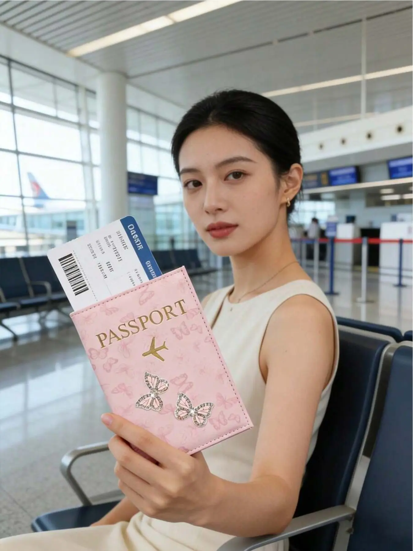 Butterfly Minimalist Passport Holder, Modern Passport Holder, Pink Butterfly Studded With Rhinestones Patch Design, Id Case, Sweet Style, Lightweight, Portable, Passport Cover