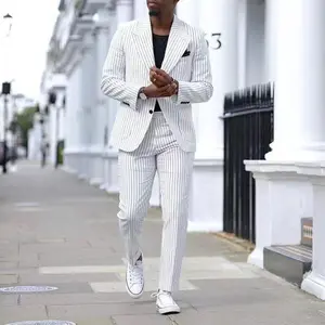 Men’s suits business casual two-piece set groom’s best suits wedding banquet men fabric formal striped slim fit long sleeve stand-up collar below the ankle summer 2025 beige