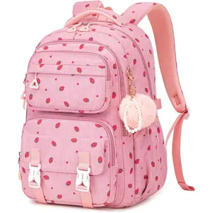 Girls Backpack,  Backpack for Girls, School Bag for Primary Elementary & Middle School Students, Bookbags for Teen Girl, Corduroy Laptop Backpack Travel Daypack,  Strawberry