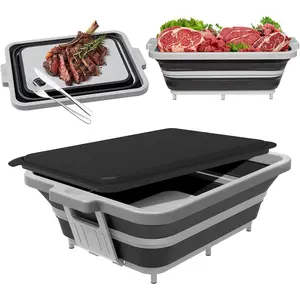 Collapsible BBQ Prep Tub with Locking Cutting Board Lid - 17.5" Meat Marinating Container & Brisket Prep Station,-Saving Sink for Grilling, Camping & RV
