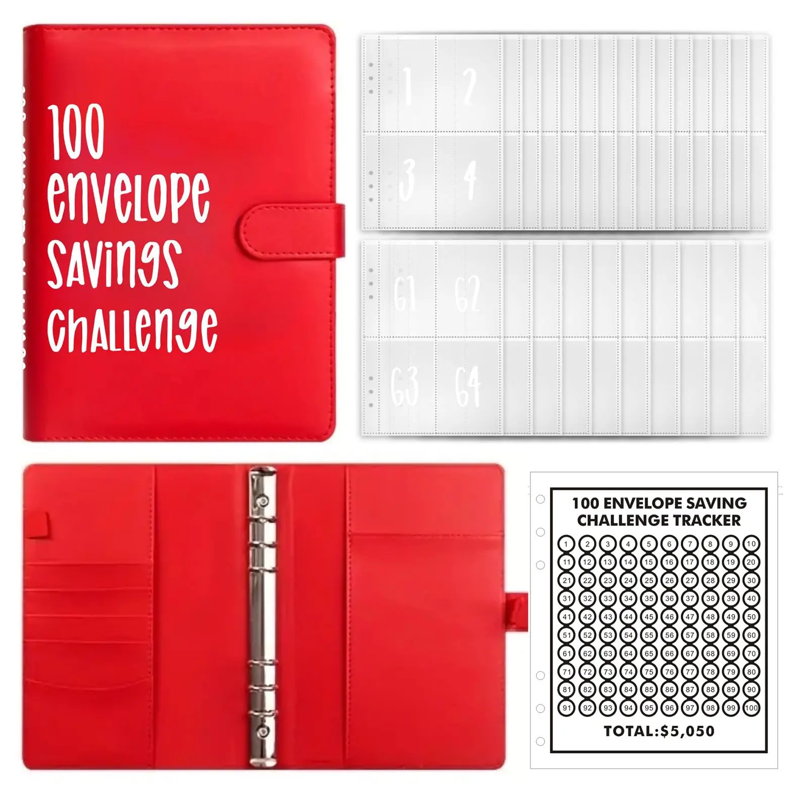 2026 Savings Challenge Planner, 100-Pocket Money Saving Binder with Pre-Numbered Envelopes & Tracker for Motivational $5050 Red Savings Process, Savings Tracker Organizer, Budget Binder