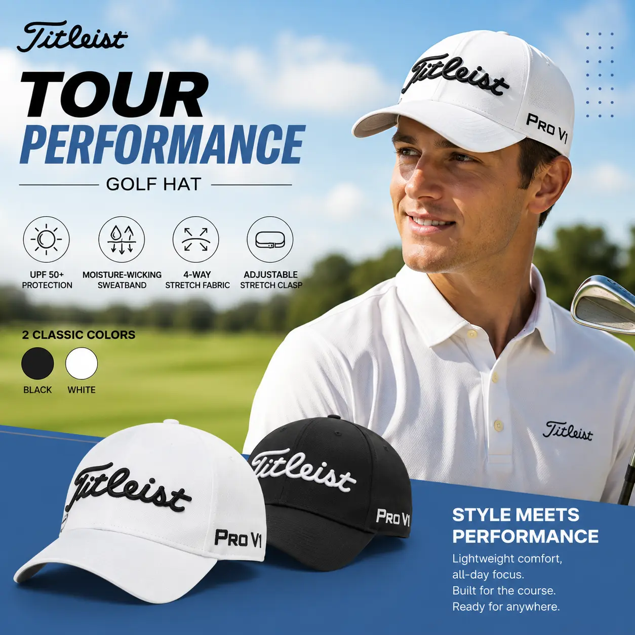 Titleist Tour Performance Golf Hat | Black & White | Men's Adjustable Golf Cap | UPF 50+ Sun Protection | Moisture-Wicking 4-Way Stretch
