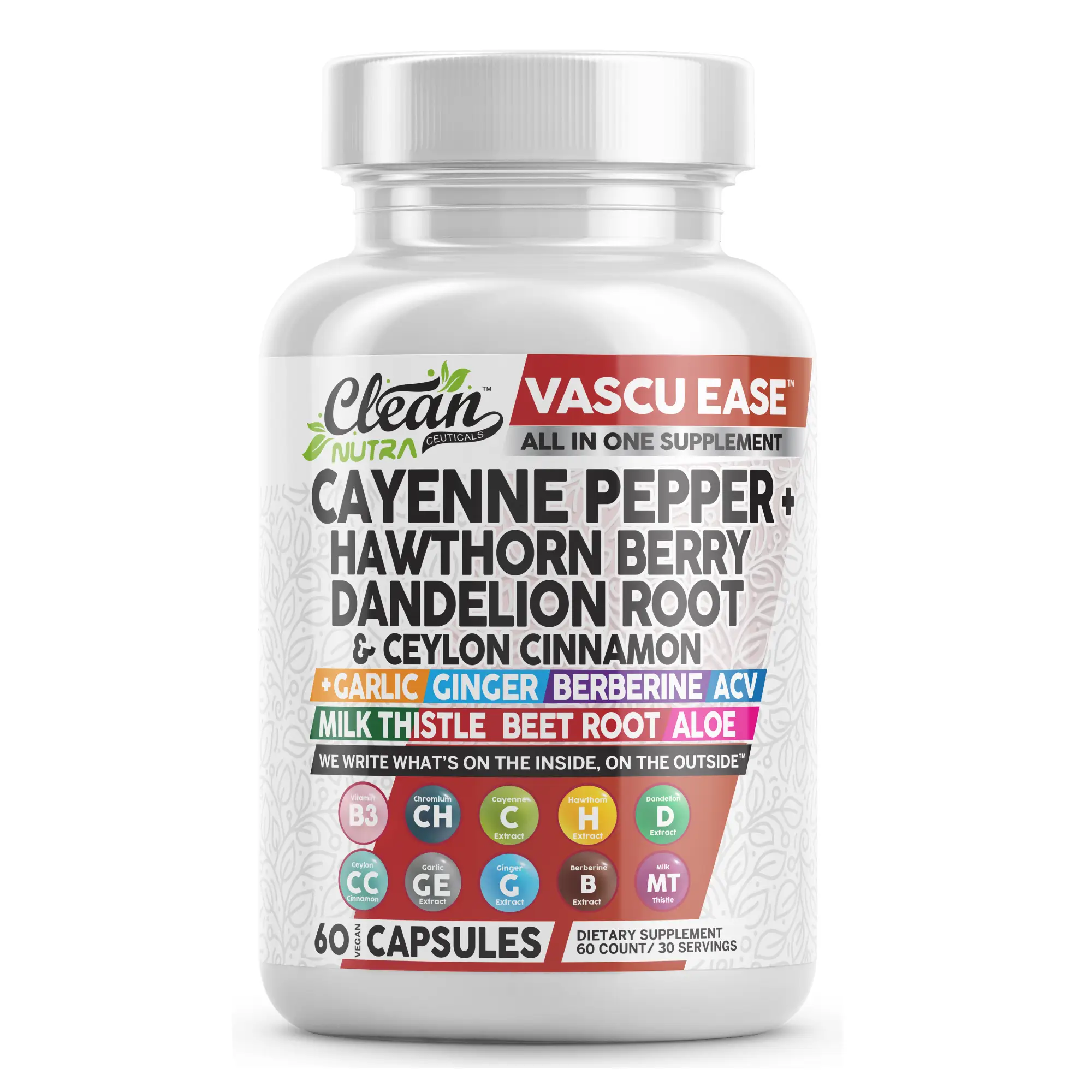 Clean Nutra Vascu Ease | Cayenne Pepper Supplement with Hawthorn Berry Capsules, Dandelion Root, Ceylon Cinnamon, Garlic, Ginger, Berberine, ACV, Milk