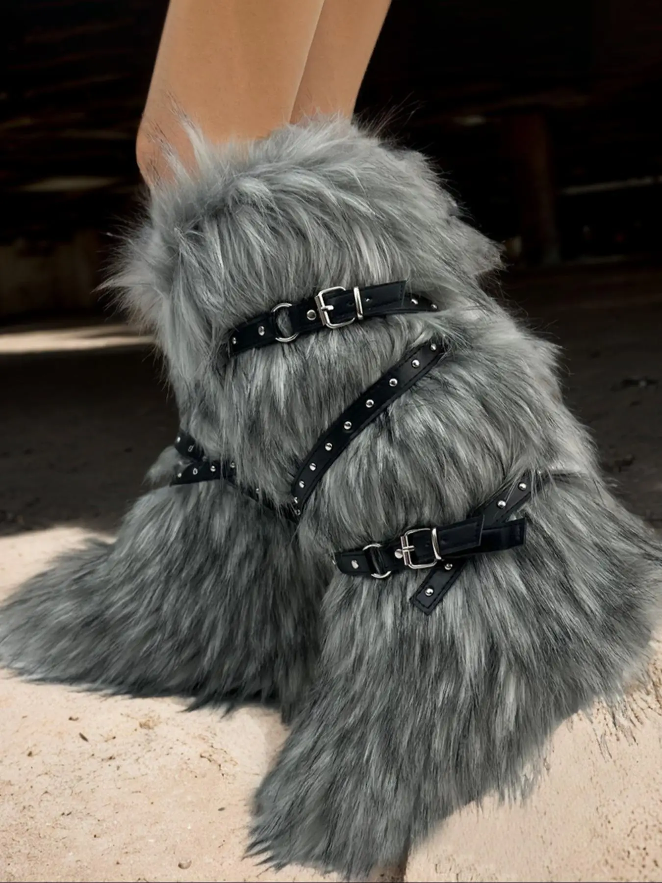 Women's Grey Faux Fur Belted Snow Boots, Fashionable Round Toe Slip on Knee High Boots for Fall & Winter, Warm Comfortable Shoes for Daily Wear, Valen