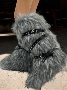 women's grey faux fur belted snow boots, fashionable round toe slip on knee high boots for fall & winter, warm comfortable shoes for daily wear, valentine's day, gift winter boots, footwear