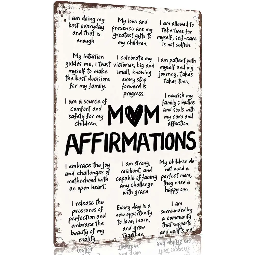 12x8 in Aluminium Mom Affirmations Wall Decor Plaque, Hanging Inspirational Home Decoration Sign with Positive Motherhood Quotes, Adult Mother's Day Gift for Busy Moms for Kitchen Nursery, Gifts, Rustic