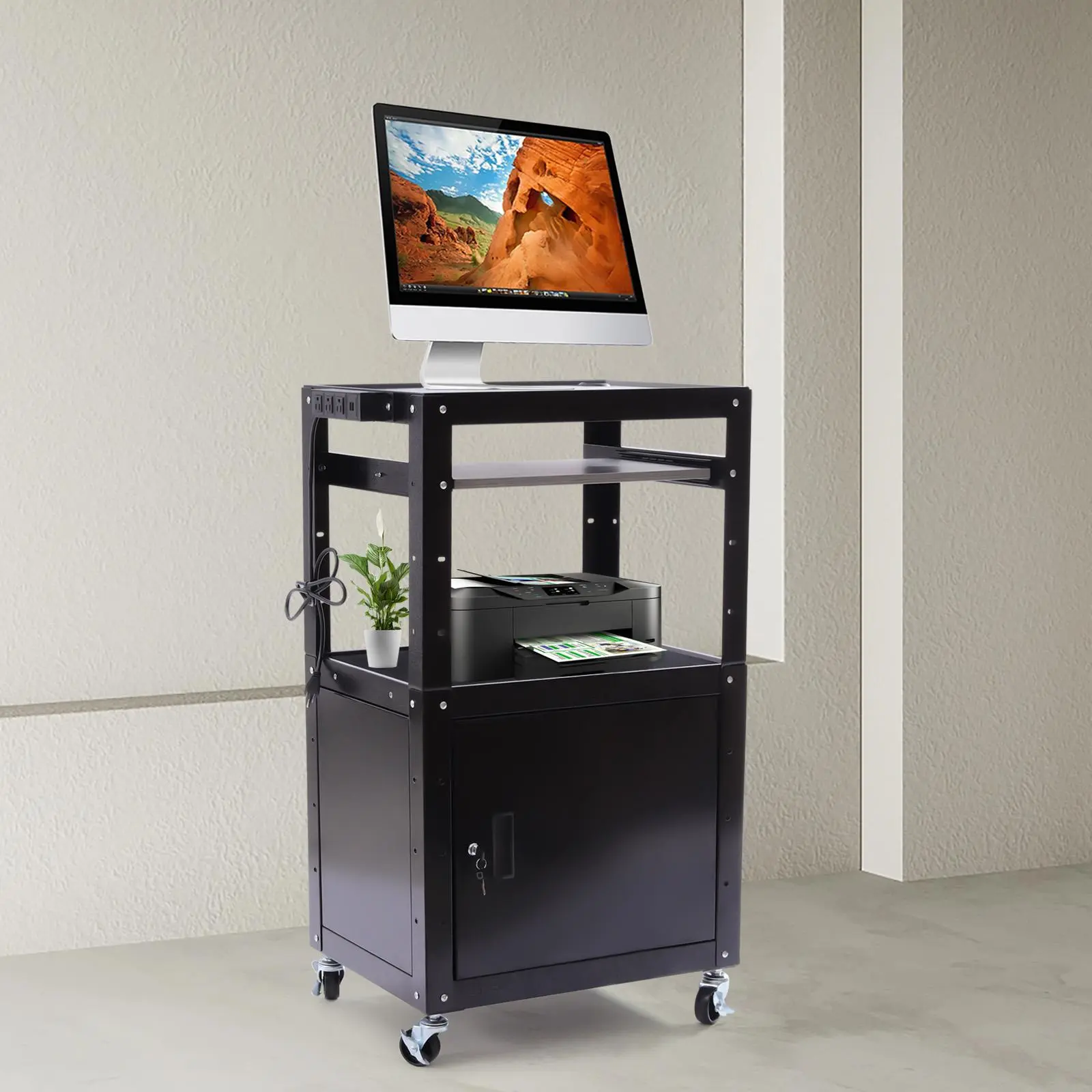 Steel AV Cart with Locking Cabinet & Wheels Height Adjustable Rolling Computer Cart with Storage Media Cart Utility Cart Office Cart Organiser Racks