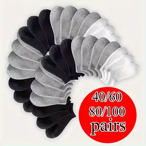 40/60/80/100 pairs of unisex men's and women's socks for spring and summer, neutral solid colors, low-ankle socks, loose fit in black, white, and gray. Comfortable and versatile, breathable, suitable for daily wear and outdoor activities, unisex