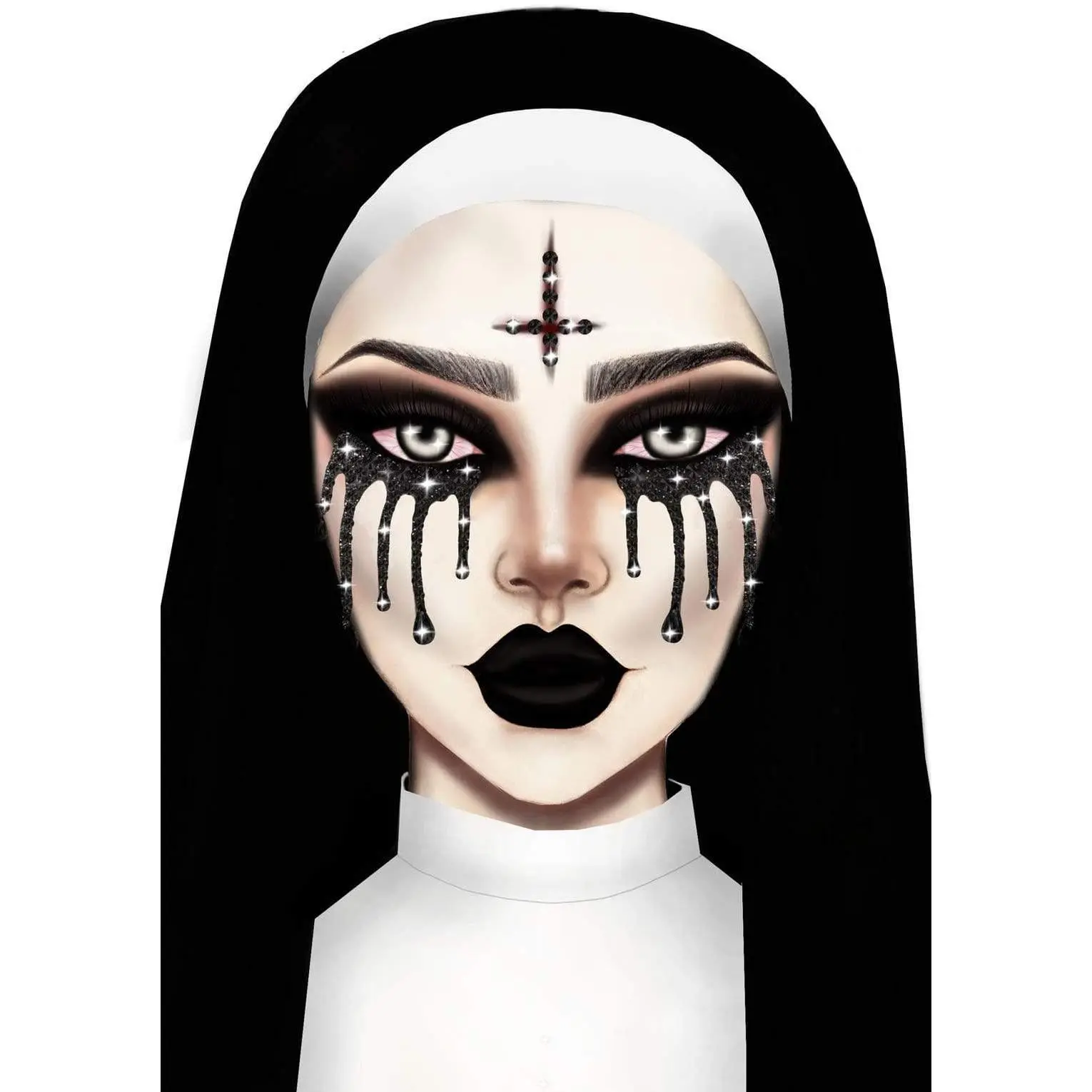 Evil Nun Adhesive Nail Art Rhinestones Stickers - Halloween Jewelry with Face Gems, Adhesive Jewels, All-Day Shine for Nail Art, Body Decor, Costume