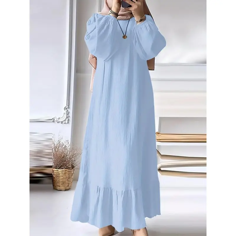 Arabian Clothing - Solid Color Ruffled Hem Bishop Sleeves Arabian Dress Without Necklace, Suitable for Spring and Autumn Long Sleeve Round Neck Dress, Women's Dress, Summer Dress, Women's Daily Wear Islamic Clothing, Women's Robe,leopard
