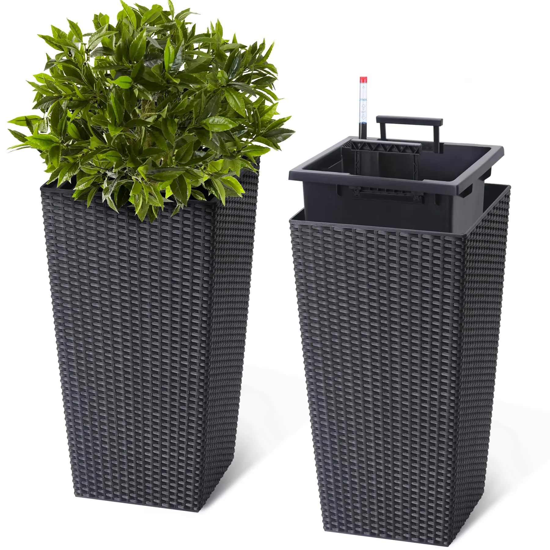 Garvee 16 Inch Tall Rattan Planter Set of 2 with Trays and Wheels, Self-Watering Large Flower Pots for Indoor and Outdoor Use, Ideal for Patio, Porch, Living Room, and Office Decor