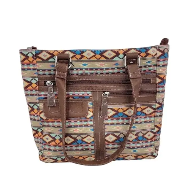 Woven Tote Bag Purse Messenger Hand Bag Brown Medium Size Conceal Carry Pocket Includes Holster