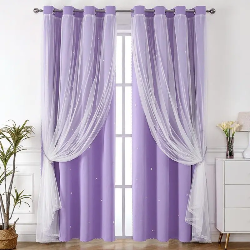 1PC,Double Layer Hollow Star Blackout Polyester Curtain, Lace Window Drapes, Easy to Hang and Wash, Bedroom Living Room Balcony Decor, Home Decoration Curtain, Blackout Window Cover, Easy Install Curtain