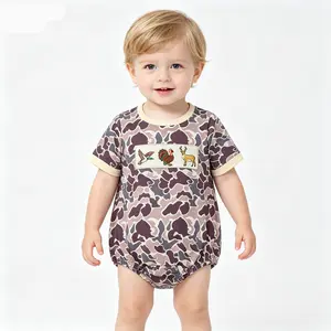 Baby Boys Khaki Camouflage Duck Turkey Deer Hunting Embroidery Boutique Short Sleeve Rompers