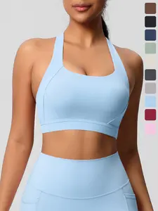 Women's Solid Color Racer Back Crop, Breathable Comfortable High Stretch Sports Bra, Ladies Sportswear for Indoor Outdoor Wear, Exercise Gymclothes, Yoga Sports Bra