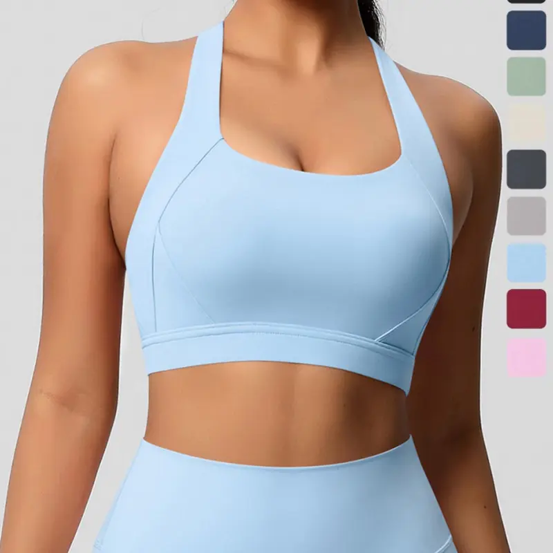 Women's Solid Color Racer Back Crop Workout Exercise Bra, Workout Bras, Breathable Comfortable High Stretch Sports Bra, Ladies Sportswear for Indoor Outdoor Wear