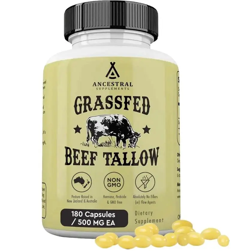 Ancestral Supplements Grass Fed Beef Tallow Capsules, Kidney Fat Dietary Supplement for Daily Wellness, 3000mg, Non-GMO, 180 Count