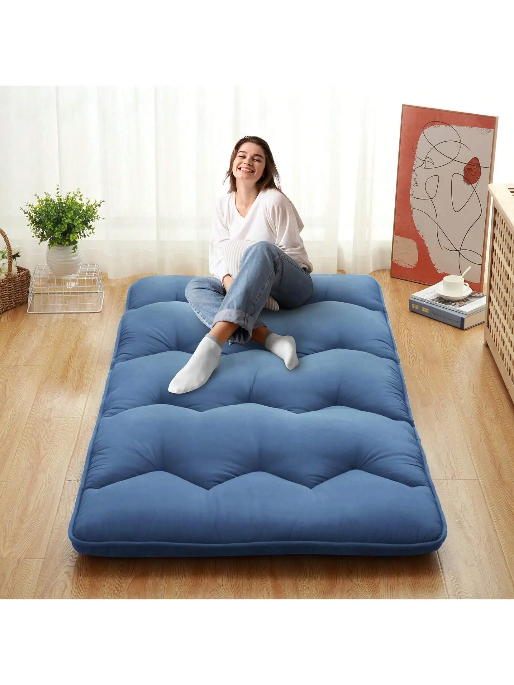 【Christmas Gift】Japanese Futon Mattress, Twin Size Foldable Japanese Style Floor Mattress Roll Up, Tatami Mat, Camping Mattress Pad, Light Grey